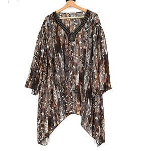 Catherines Womens Patchwork Animal Print Top 5X Asymmetrical Beaded Tunic Artsy